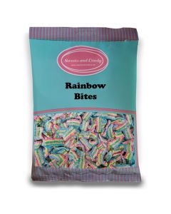 Rainbow Bites - A 1kg bulk bag of retro fizzy fruit flavour sweets shaped like bitesize pieces of belts