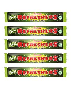 A pack of 5 sour apple chew bars, chewy retro sweets!