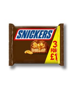 A 3 pack of snickers chocolate bars made from nougat, caramel and peanuts