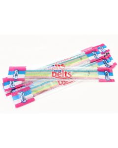 Individually wrapped rainbow coloured fizzy belts