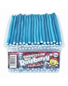 Sweetzone blue raspberry pencils sweets in a bulk plastic tub