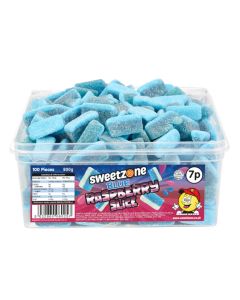 Sweetzone Blue Raspberry Slices in a bulk plastic tub
