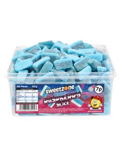 Sweetzone Blue Raspberry Slices in a bulk plastic tub