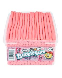 Sweetzone bubblegum pencils sweets in a bulk plastic tub