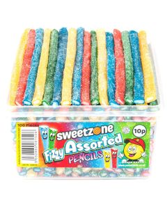 Sweetzone fizzy assorted pencils sweets in a bulk plastic tub