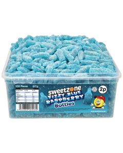 Sweetzone Fizzy blue raspberry bottles in a bulk plastic tub