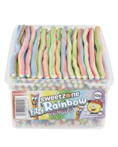 Sweetzone fizzy rainbow pencils sweets in a bulk plastic tubs