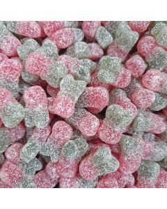 A 100g bag of fizzy cherry sweets, gummy cherries with a fizzy sour coating.