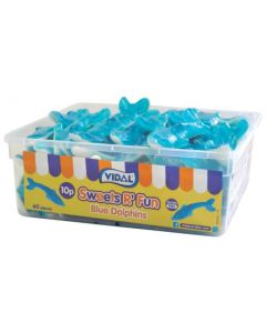 Large blue dolphin shaped sweets in a resealable sweet tub