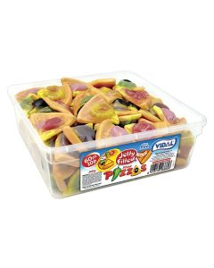 A tub of jelly sweets shaped like pizza slices 