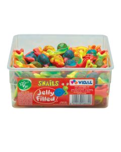 A full tub of Jelly sweets shaped like snails with a gooey jelly centre