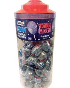 Vidal sour blue raspberry flavour tongue painter lollies with a bubblegum centre in a jar