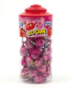 A full jar of Vidal strawberry lollies with a bubblegum centre