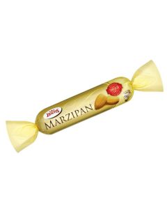A solid bar of traditional marzipan covered in dark chocolate