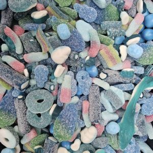Retro Sweets - fizzy and jelly blue sweets in assorted shapes and styles