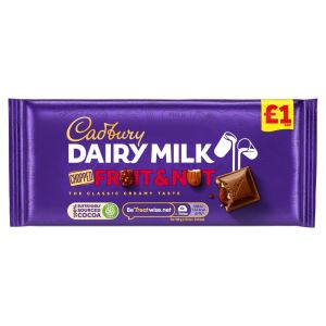 A sharing size Dairy Milk chocolate bar with chopped fruit and nut pieces in.