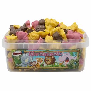A full tub of retro sweets, chocolate flavour candy pieces in the shape of zoo animals!