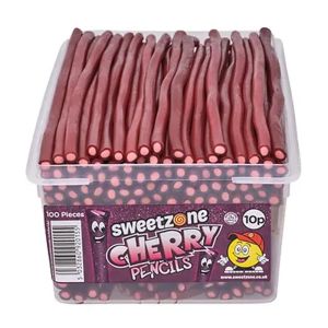 Sweetzone cherry pencils sweets in a bulk plastic tubs