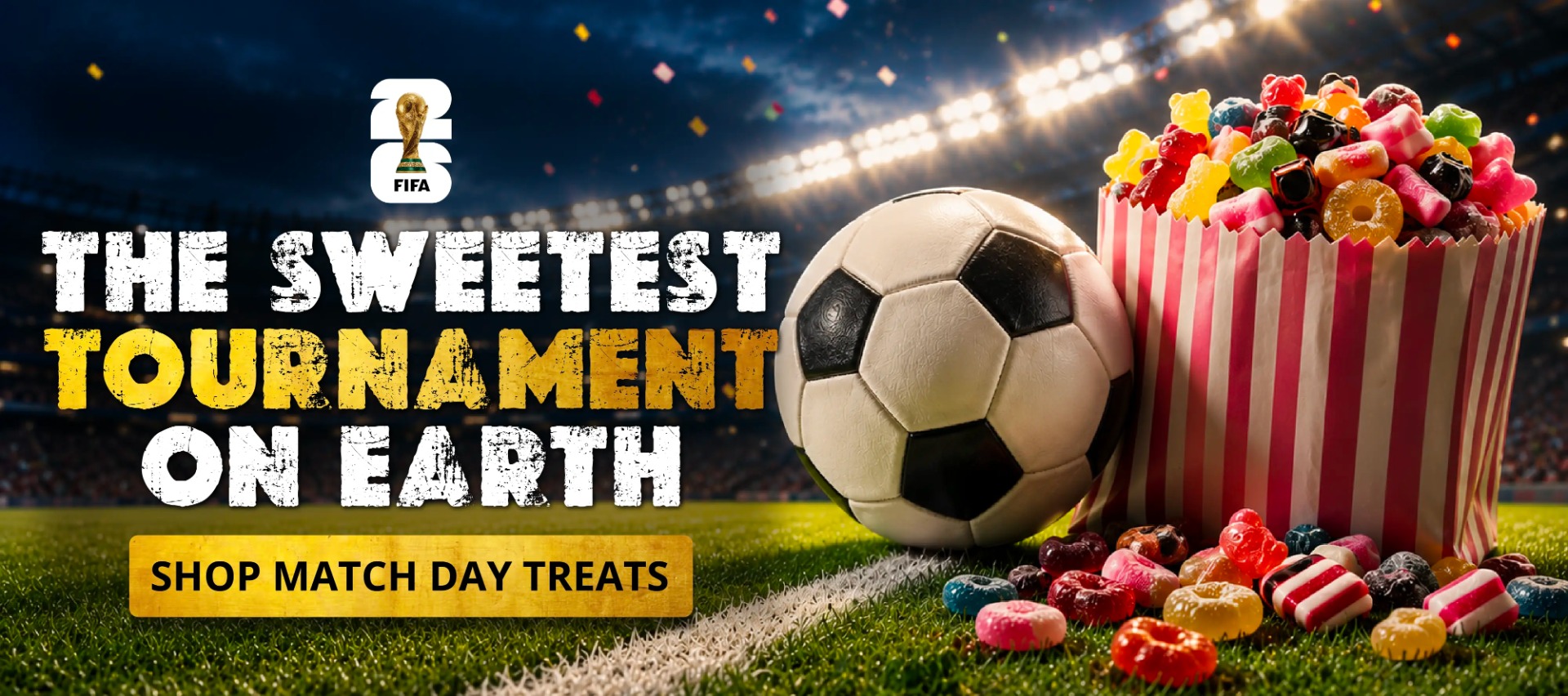Colorful banner for Sweets shop featuring candies, lollipops, and gummy treats with the text 'Welcome to Sweets & Candy' highlighting the best quality Sweets at the best prices.